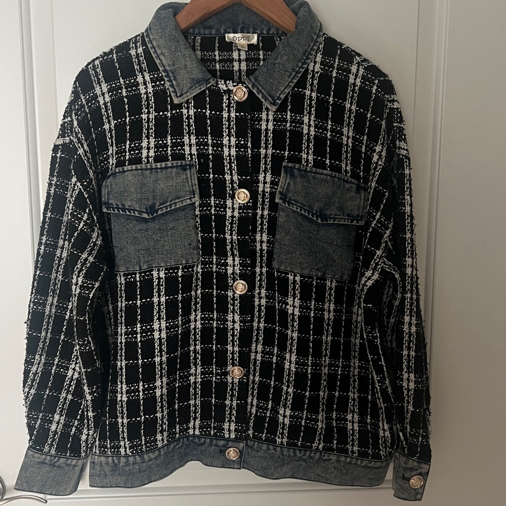 Oddy Plaid Tweed Jacker Womens Small With Jean Accents Gold Buttons